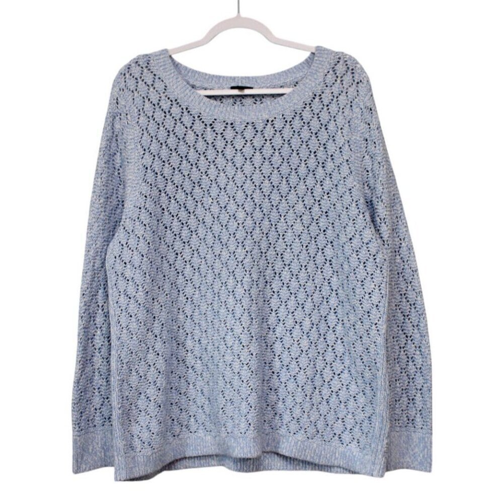 Talbots Open Knit Sweater Size 2X Blue White Coastal Beach Boho Cotton Preppy